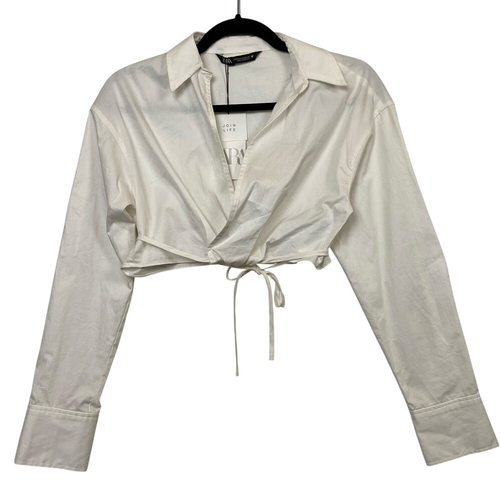 Zara White Cotton Crossover Wrap Tie Blouse Top Size Extra Small NWT